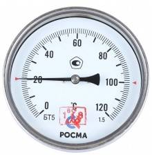 Термометр биметаллический погружной РОСМА 100 мм c гильзой 120 градусов 1/2 осевой шток 46х6 мм БТ-41.211 (00000002544)
