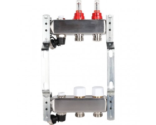 Коллектор из нержавеющей стали с расходомерами ROMMER, с клапаном вып. воздуха и сливом 2 выхода (RMS-1201-000002)