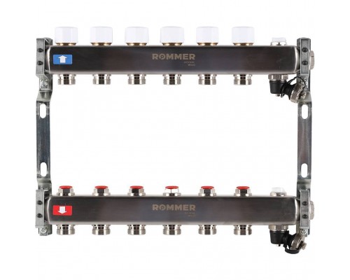 Коллектор из нержавеющей стали без расходомеров ROMMER, с клапаном вып. воздуха и сливом 6 выходов (RMS-3201-000006)