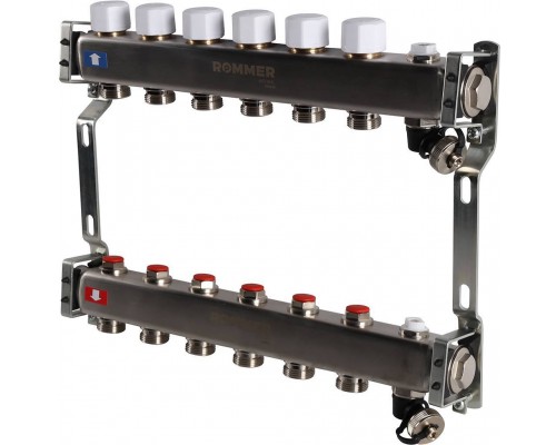 Коллектор из нержавеющей стали без расходомеров ROMMER, с клапаном вып. воздуха и сливом 6 выходов (RMS-3201-000006)