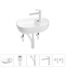 Маленькая раковина в туалет Wellsee WC Area 20212108R в наборе 5 в 1: подвесная или накладная раковина, донный клапан, сифон, смеситель, вентили (цвет набора матовый белый)