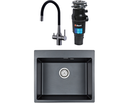 Комплект Мойка Paulmark Kante 60 PM106052-BLM черный металлик + Смеситель Salix 213419-GM вороненая сталь, черный, с гибким изливом + Измельчитель Bort Titan 7000
