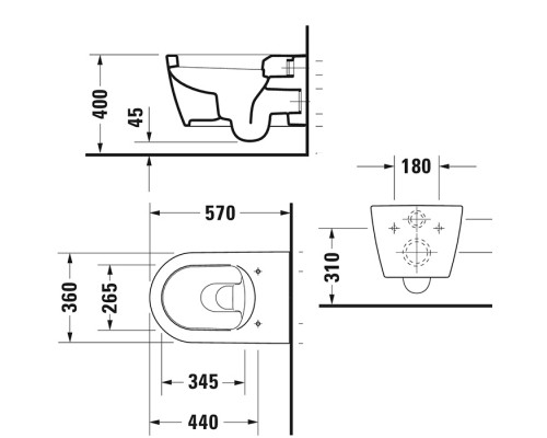 Duravit ME by Starck Унитаз подвесной с ОБОДКОМ, вкл. крепление Durafix, 4,5 л., 37х57см., цвет: белый . 2528090000
