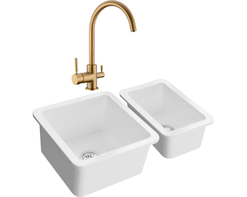 Комплект Мойка кухонная Domaci Сиена 50345-101 белый глянец + Мойка 50325-101 белый глянец + Смеситель Равенна DCB 3007 золото