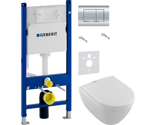 Комплект Унитаз подвесной Villeroy   Boch Subway 2.0 5614A1R1 + Крышка 9M68 S101 с микролифтом, петли хром + Инсталляция Geberit Duofix Delta 458.163.21.1 с кнопкой смыва, хром + Шумоизоляция 156.050.00.1
