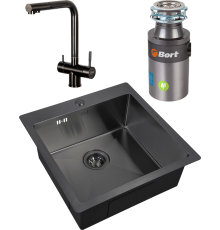 Комплект Мойка кухонная Zorg Inox PVD 5151 grafit + Смеситель Inox SZR-7039 GRAFIT графит + Измельчитель Bort Titan 4000 Plus