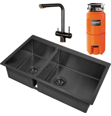 Комплект Мойка кухонная Zorg Inox PVD 78-2-51 R grafit + Смеситель Inox SZR-7039 BR/GRAFIT бронза графит + Измельчитель Omoikiri Nagare slim 1250