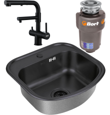 Комплект Мойка кухонная Zorg Inox PVD SZR 4749 GRAFIT графит + Смеситель Sanitary SZR-3216 Grafit графит + Измельчитель Bort Titan Max Power FullControl