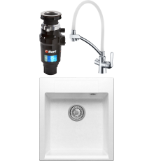 Комплект Мойка кухонная Polygran Argo 460 белый хлопок + Смеситель Lemark Comfort LM3070C-White с гибким изливом, хром, белый + Измельчитель Bort Master Eco 91275752