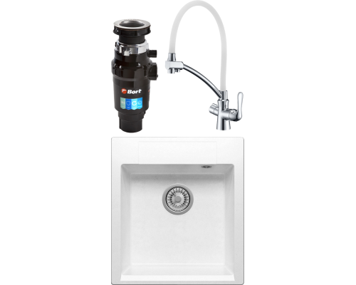 Комплект Мойка кухонная Polygran Argo 460 белый хлопок + Смеситель Lemark Comfort LM3070C-White с гибким изливом, хром, белый + Измельчитель Bort Master Eco 91275752