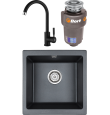 Комплект Мойка кухонная Paulmark Brilon PM104546-BLM черный металлик + Смеситель Holstein Ho212063-418 черный металлик + Измельчитель Bort Titan Max Power