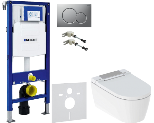 Комплект Унитаз подвесной Geberit AquaClean Sela 146.224.21.1 вставка глянцевый хром + Крепления Duofix 111.815.00.1 к стене + Шумоизоляция 156.050.00.1 + Инсталляция UP 320 111.300.00.5 + Кнопка Sigma 01 115.770.JQ.5 лакированная, матовый хром