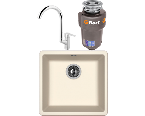 Комплект Мойка кухонная Florentina Вега 400 жасмин + Смеситель MEGA Snow MG-SH03 хром + Измельчитель Bort Titan Max Power FullControl