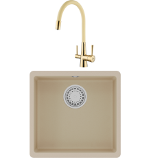 Комплект Мойка кухонная Lemark Sinara 440-U 9910068 бежевая + Смеситель Comfort LM3075G-Beige с гибким изливом, золото, бежевый