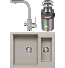 Комплект Мойка кухонная Polygran Brig 620 серая + Смеситель Paulmark Essen Es213011-310 серый + Измельчитель Bort Titan 4000 Plus