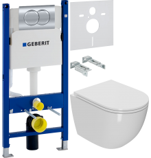 Комплект Унитаз подвесной Bauedge Bau Dream Hurricane-2 безободковый, с микролифтом, белый + Инсталляция Geberit Duofix Delta 458.149.21.1 с кнопкой смыва, хром + Шумоизоляция 156.050.00.1