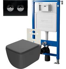 Комплект Унитаз подвесной Point Меркурий PN41831GM + Инсталляция PN45121 пневматическая + Кнопка Венера PN44072BC черная, хром