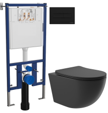 Комплект Унитаз подвесной Aqueduto Ovo OVO0140 безободковый, с микролифтом, черный матовый + Инсталляция DIWO 4501 + Кнопка 7323 черная матовая