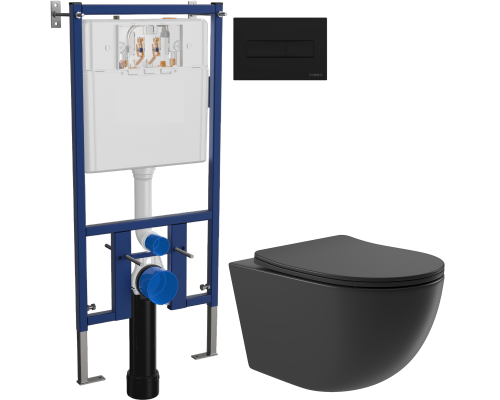 Комплект Унитаз подвесной Aqueduto Ovo OVO0140 безободковый, с микролифтом, черный матовый + Инсталляция DIWO 4501 + Кнопка 7323 черная матовая