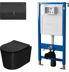 Комплект Унитаз подвесной Point Веста PN41701BM черный матовый, безободковый, с микролифтом + Инсталляция PN45122 с контейнером для гигиенических таблеток + Кнопка Виктория PN44061BC черная, хром