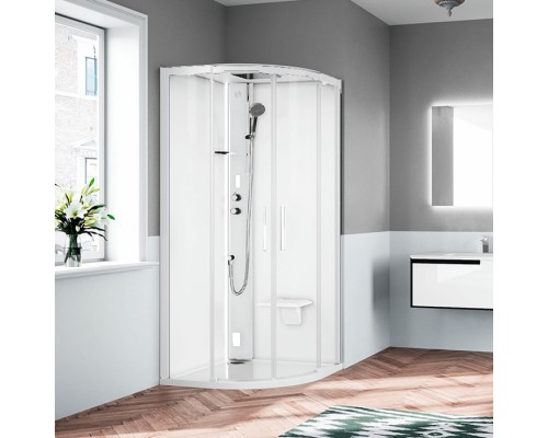 Novellini Glax Душевая кабина 100х100х224см., Standart с крышей , смеситель термостатический, Hammam и сиденье, цвет: белый матовый/стекла прозрачные. G21R109T5-1UU