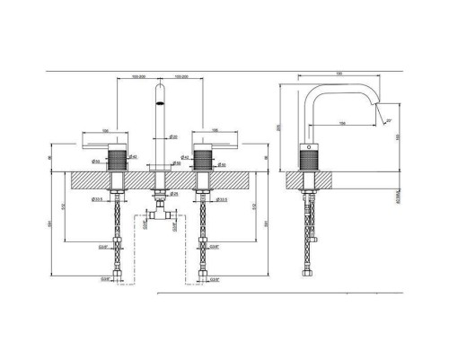 Gessi 316 Смеситель для раковины на 3 отверстия, без донного клапана, излив 156мм, h=201мм, цвет: brushed black metal pvd. 54412#707