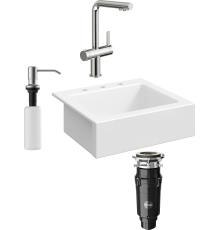 Комплект Мойка кухонная Domaci Сиена 50166-101 с 3 отверстиями, белый глянец + Измельчитель Равенна Vento Max 750 + Смеситель STWORKI 23020-648/1BG-IG11 + Дозатор 401 сатин