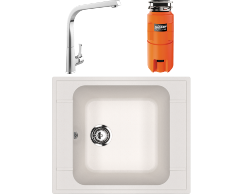 Комплект Мойка кухонная Ulgran U-604 -331 белая + Смеситель MEGA Mega MG-SUN03 + Измельчитель Omoikiri Nagare slim 1250
