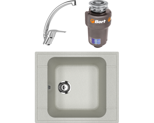 Комплект Мойка кухонная Ulgran U-604 -310 серая + Смеситель MEGA Mega MG-BMK016 хром + Измельчитель Bort Titan Max Power FullControl