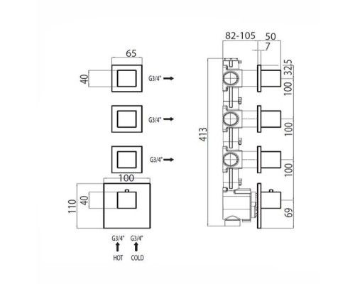 Bossini Oki Термостат для душа, встраиваемый, с девиаторм/запорным вентилем на 3 - 6 выходов, уст-ка верт/гор., цвет: хром. Z030202000,  Z031205.030