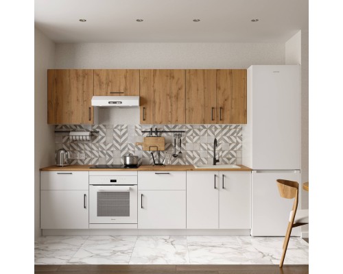 Кухонный гарнитур Domaci Болонья 260 см, фасад белый, дуб вотан, ручка черная, столешница дуб вотан KUH-1008828