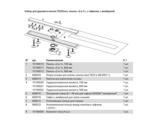TECElinus Комплект для монтажа дренажного канала 2 в 1: основа для плитки tile и панель steel, 60см., цвет: хром. 15103069