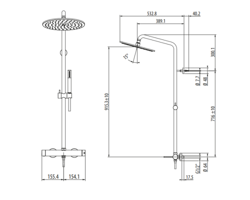 Gattoni Circle One Смеситель для ванны настенный с переключателем, ручной лейкой и верхним душем 250мм, цвет: черный матовый. 9095/PDNO
