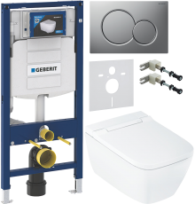 Комплект Умный подвесной Geberit AquaClean Sela Square безободковый, с биде, белый + Инсталляция Duofix UP 320 111.300.00.5 + Кнопка Sigma 01 115.770.JQ.5 лакированная, матовый хром + Звукоизоляция 156.050.00.1 + Крепления 111.815.00.1 к стене