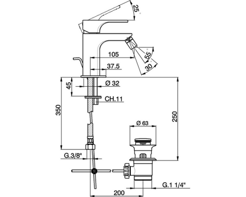CISAL Cubic Смеситель однорычажный для биде на 1 отверстие с донным клапаном, цвет: хром. CU00055121