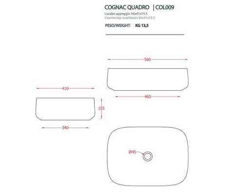 Artceram Cognac Раковина накладная Quadro 56x41 см, saniglaze, цвет: белый глянцевый. COL009 01 34