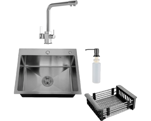 Комплект Мойка кухонная РМС MR-5843BL c корзиной и дозатором, графит + Смеситель MEGA Life MG-TK06 хром