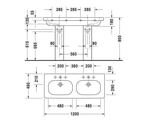 Duravit D-Code Раковина для мебели, 120х49см., с 1 отв., двойная, с перел., цвет: белый. 03481200002