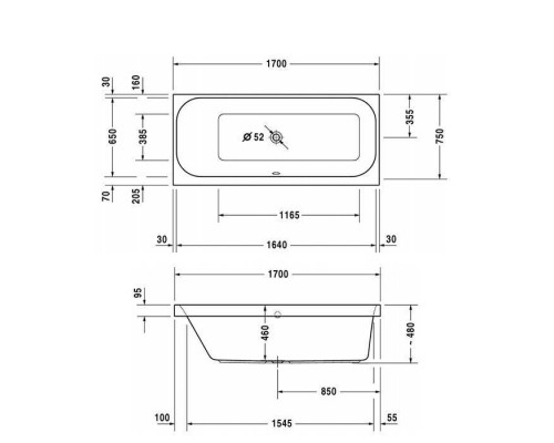 Duravit Happy D.2 Ванна акриловая  170х75x48см, прямоугольная .встраиваемая  версия , с наклоном для  спины слева, цвет: белый. 700312000000000,  7912210000001000