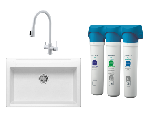 Комплект Мойка кухонная Polygran Argo 760 белый хлопок + Смеситель Paulmark Lange 214212-431 белый матовый + Фильтр Paulmark Refine System