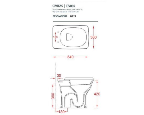 Artceram CIVITAS  Унитаз напольный 36х54 см, слив в пол, цвет: белый. CIV002 01 00
