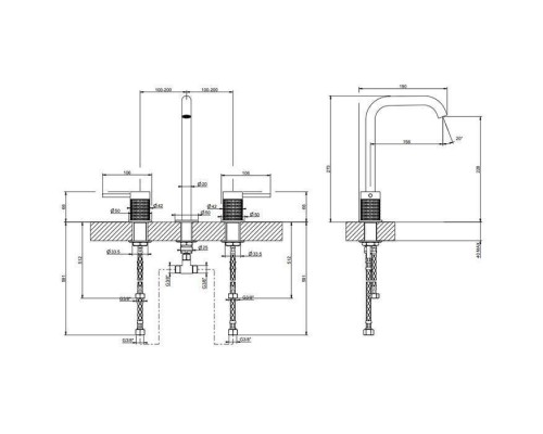 Gessi 316 Смеситель для раковины на 3 отверстия, без донного клапана, излив 156мм, h=269мм, цвет: brushed black metal pvd. 54211#707