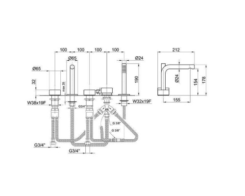 Fantini AF/21 Набортный смеситель для ванны, 5 отв., излив: 155 мм, цвет: Matt Copper PVD. 27 P9 A265