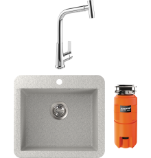 Комплект Мойка FOSTO КМ Вега метель + Смеситель MEGA Life MG-TK09 хром + Измельчитель Omoikiri Nagare slim 900