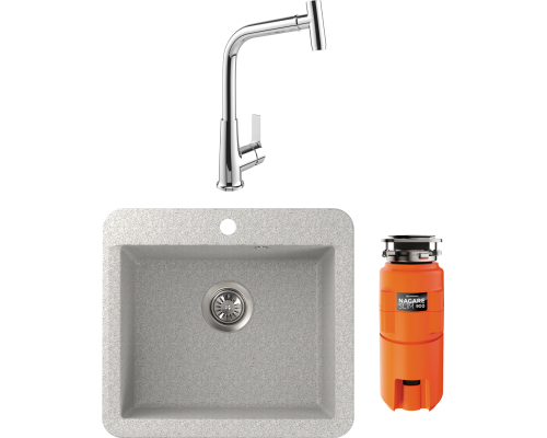 Комплект Мойка FOSTO КМ Вега метель + Смеситель MEGA Life MG-TK09 хром + Измельчитель Omoikiri Nagare slim 900