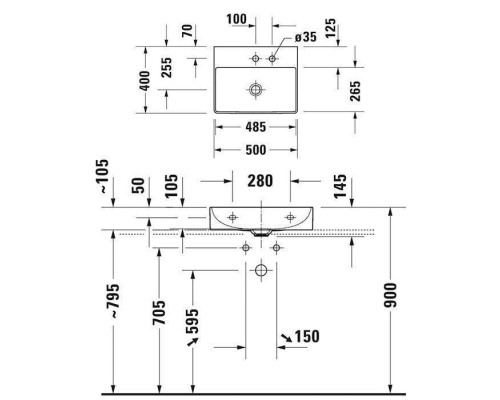 Duravit DuraSquare Раковина накладная 50х40см, без перелива, 2 отв., WonderGliss, цвет: белый. 23565000141 Duravit DuraSquare Раковина накладная 50х40см, без перелива, 2 отв., WonderGliss, цвет: белый. 23565000141
