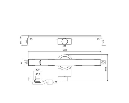 Plumberia Selection Трап душевой PS LINEAR 6x60 2устор. накладка из нерж.стали, комбинир.затвор с горизонт. Выпуском Ду 50мм,40л/мин, цвет: черный матовый. PSL60NO