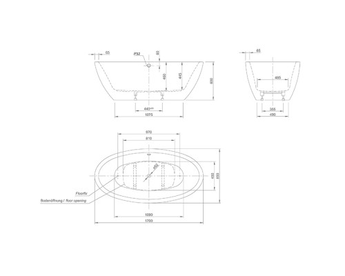 Knief LOOM XS Ванна 170х85х60см., отдельностоящая, с щелевым переливом,c креплением к полу, цвет: белый глянцевый. 0100-258-06S white lucido