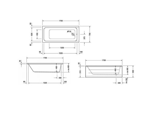 Duravit D-Code  Ванна акриловая 170х75x40см., встраиваемая, с 1 наклоном для спины, выпуск в зоне ног, цвет: белый. 700100000000000,  790127000000000