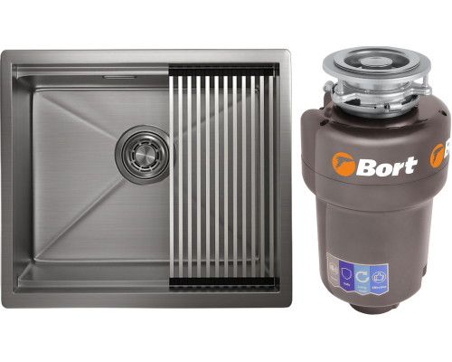 Комплект Мойка Granula Kitchen Space 5045U, сталь сатин + Измельчитель Bort Titan Max Power FullControl